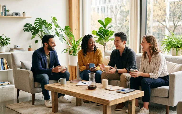 Consultants discussing a multi-agent AI project over coffee in a lounge