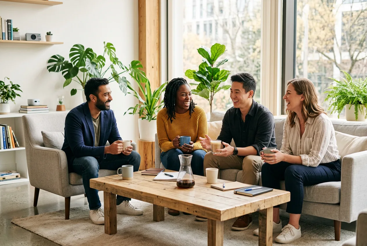 Consultants discussing a multi-agent AI project over coffee in a lounge