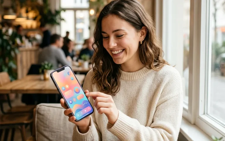 Patient App Case Study Woman using a patient mobile app on her smartphone in a cafe