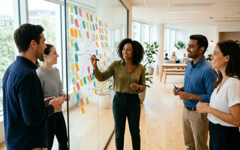 Product team mapping a SaaS website redesign on a sticky note wall