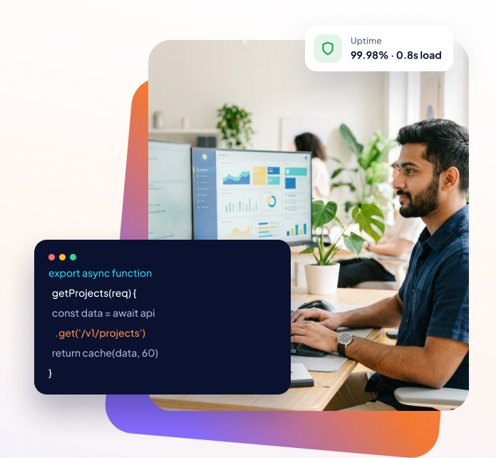 Developer at dual monitors with code snippet and 99.98% uptime monitor