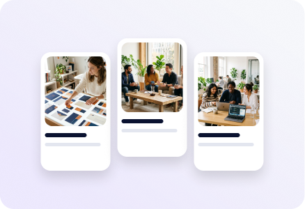 Three branded social media post cards with team photos