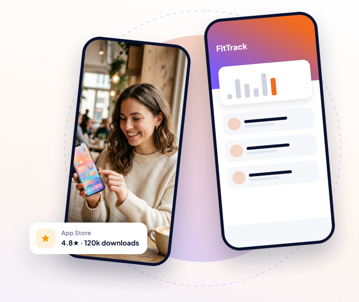 Mobile app screens built by Avenix, rated 4.8 stars with 120k downloads