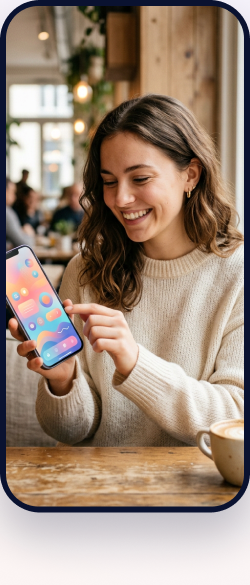 Snapshare app shown on a phone held by a smiling woman in a cafe