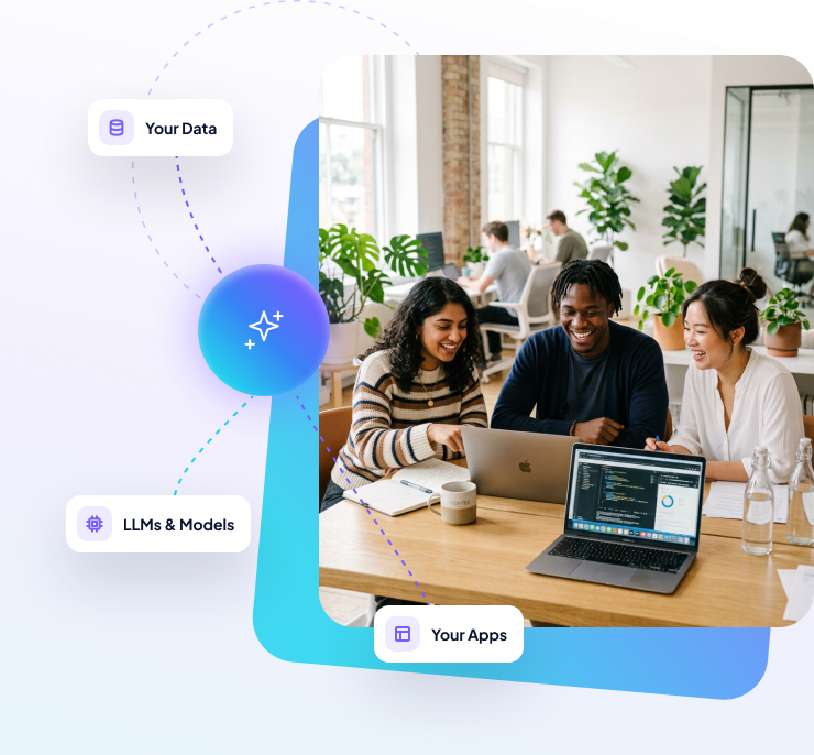 AI core connecting your data, LLMs and apps beside a team working on laptops