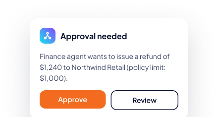 Approval request card: finance AI agent asks a person to approve a refund