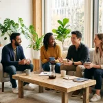 Avenix team chatting over coffee in a bright, plant-filled lounge