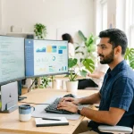 Developer working at dual monitors showing code and an analytics dashboard