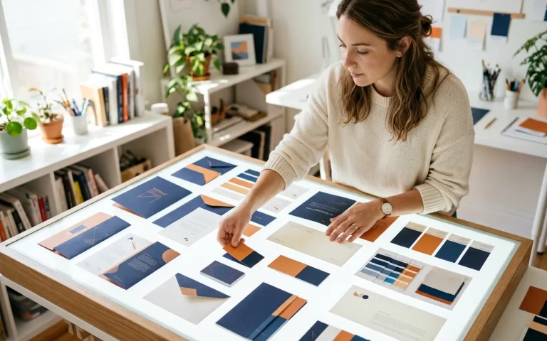 Designer arranging navy and orange brand identity materials on a light table