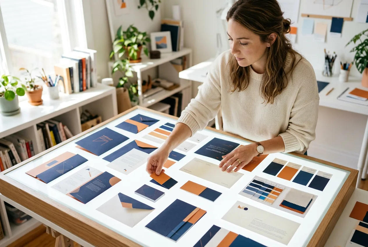 Designer arranging navy and orange brand identity materials on a light table