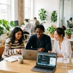Three colleagues laughing while collaborating around laptops at a shared office desk
