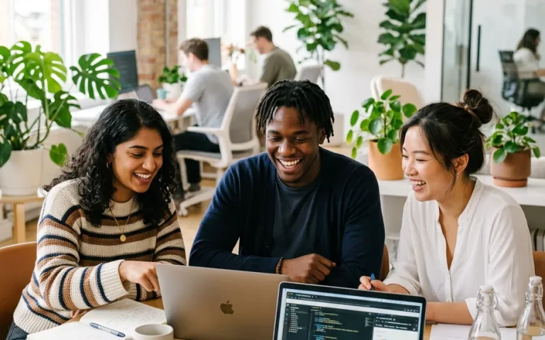 Three colleagues laughing while collaborating around laptops at a shared office desk