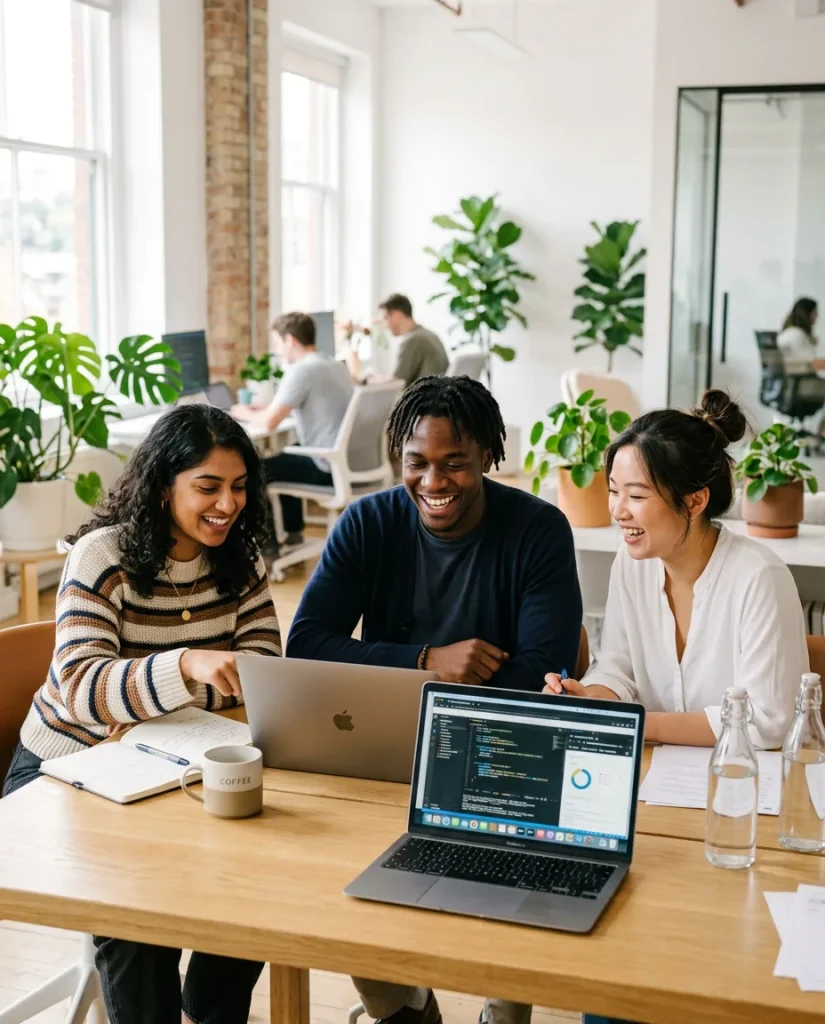 Three colleagues laughing while collaborating around laptops at a shared office desk