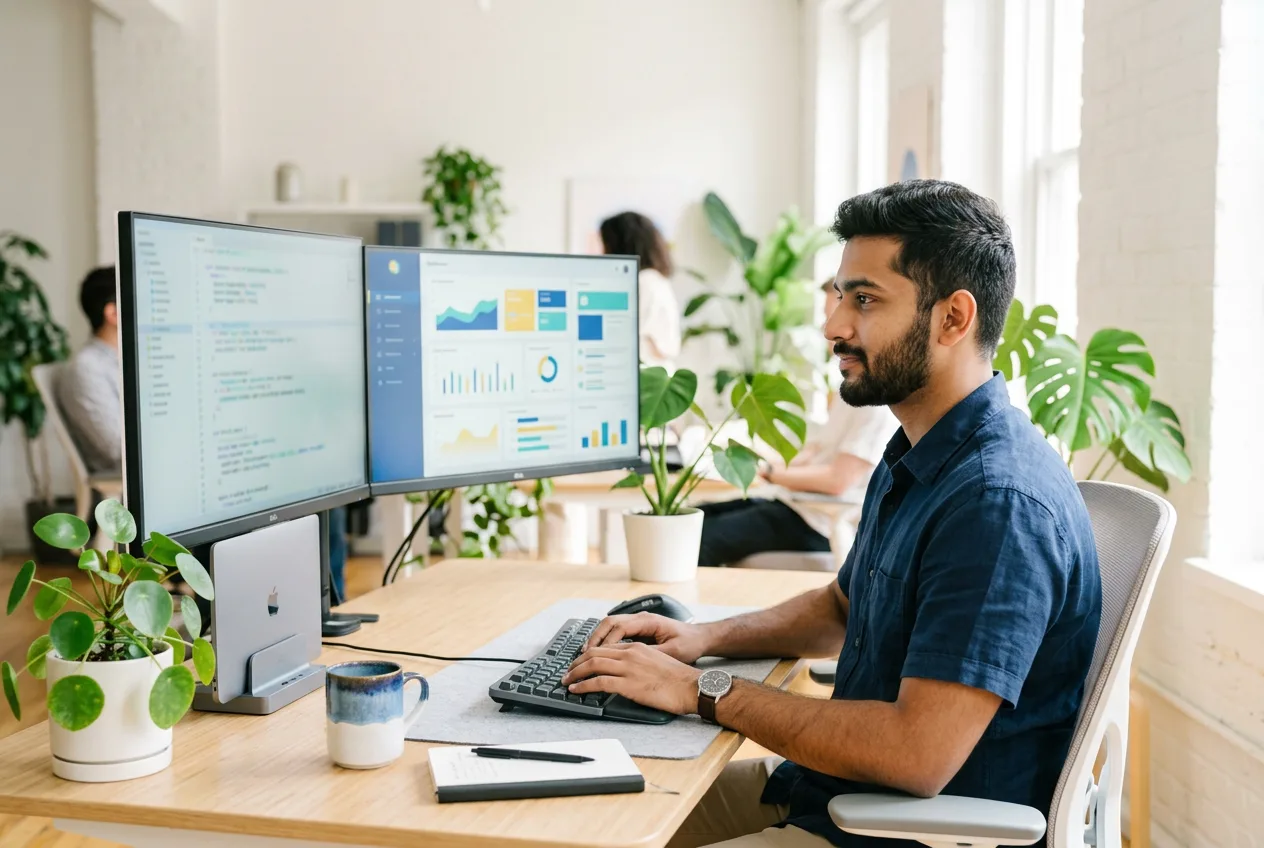 Developer tracking digital growth metrics on an analytics dashboard
