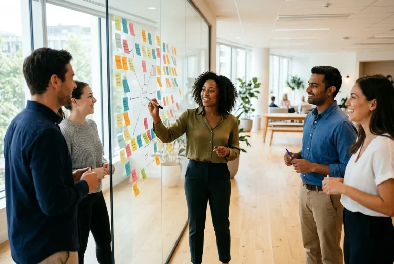 Team mapping platform architecture ideas on a sticky note glass wall