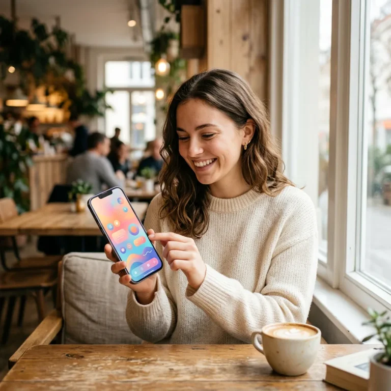 Woman exploring a colourful mobile app on her phone in a cafe